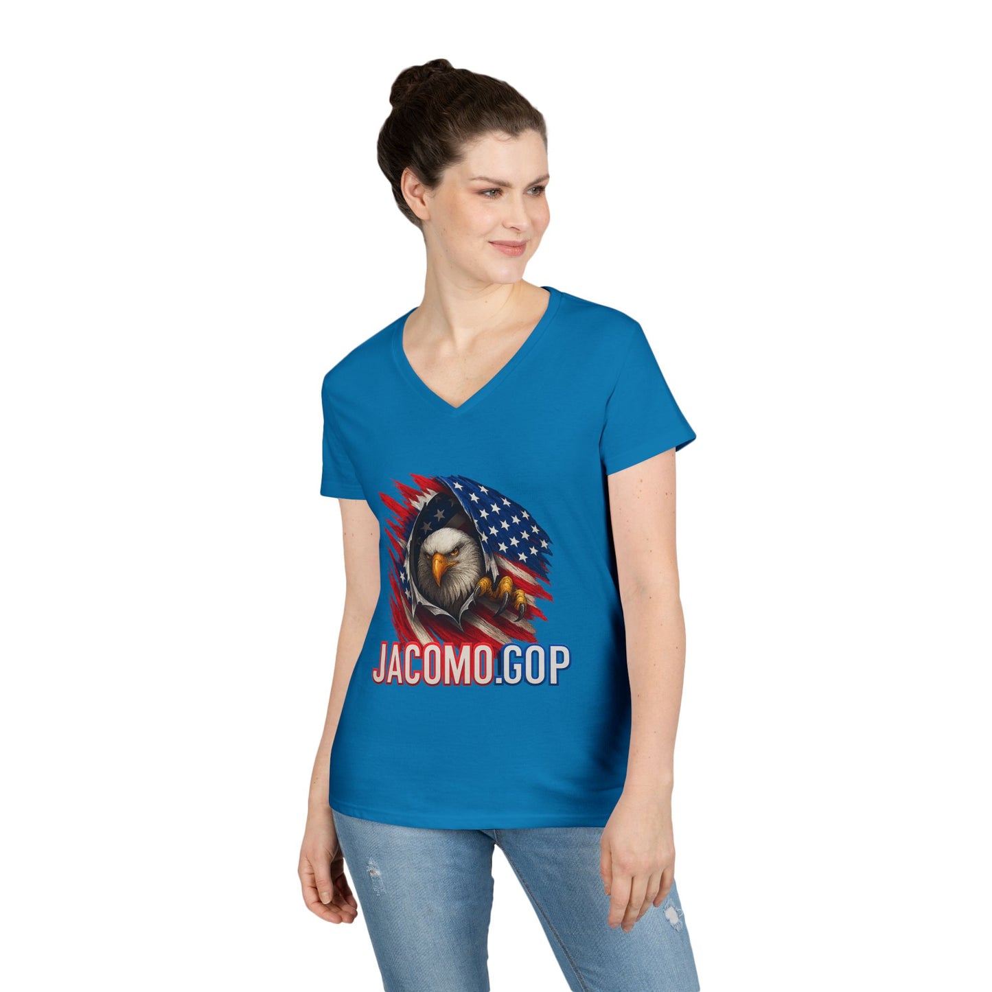 3D JACOMO GOP EAGLE Women's V-Neck T-Shirt for Supporters | Political Apparel, Election Gear, Gift for Activists, Red State Pride, 4th of July