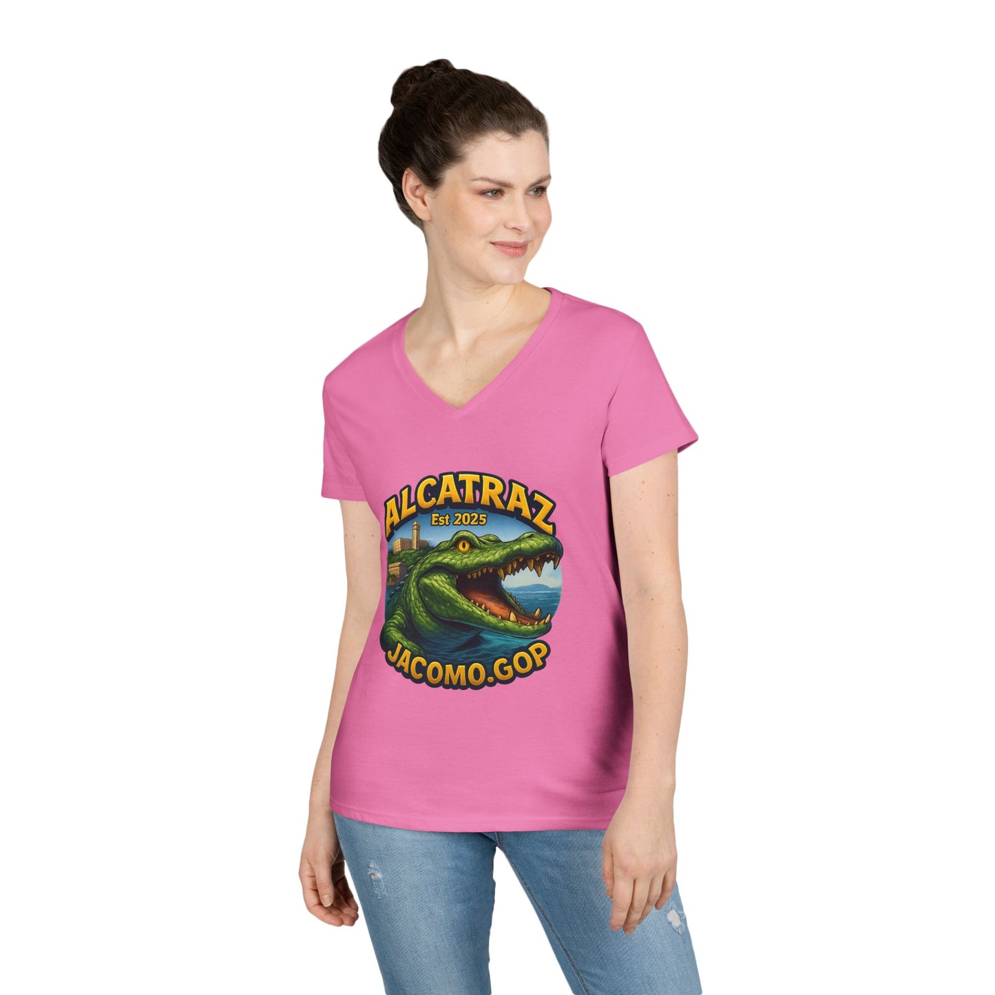 3D Women's Alligator Alcatraz 1 V-Neck T-Shirt for Supporters | Political Apparel, Election Gear, Gift for Activists, Red State Pride, 4th of July