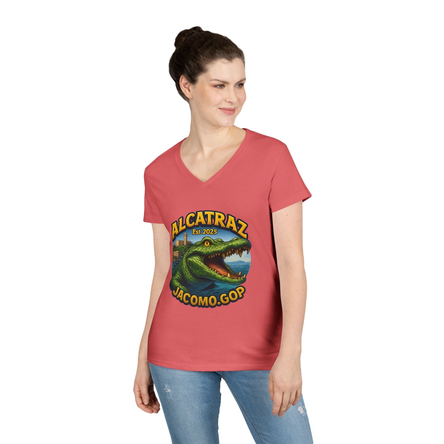 3D Women's Alligator Alcatraz 1 V-Neck T-Shirt for Supporters | Political Apparel, Election Gear, Gift for Activists, Red State Pride, 4th of July