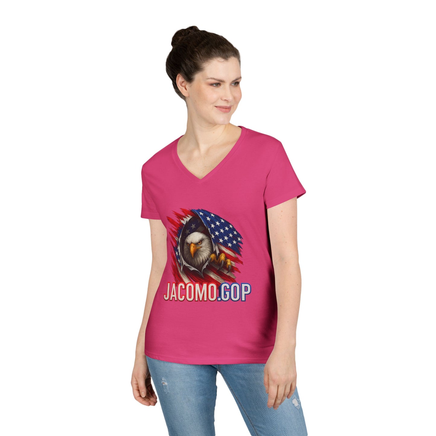 3D JACOMO GOP EAGLE Women's V-Neck T-Shirt for Supporters | Political Apparel, Election Gear, Gift for Activists, Red State Pride, 4th of July