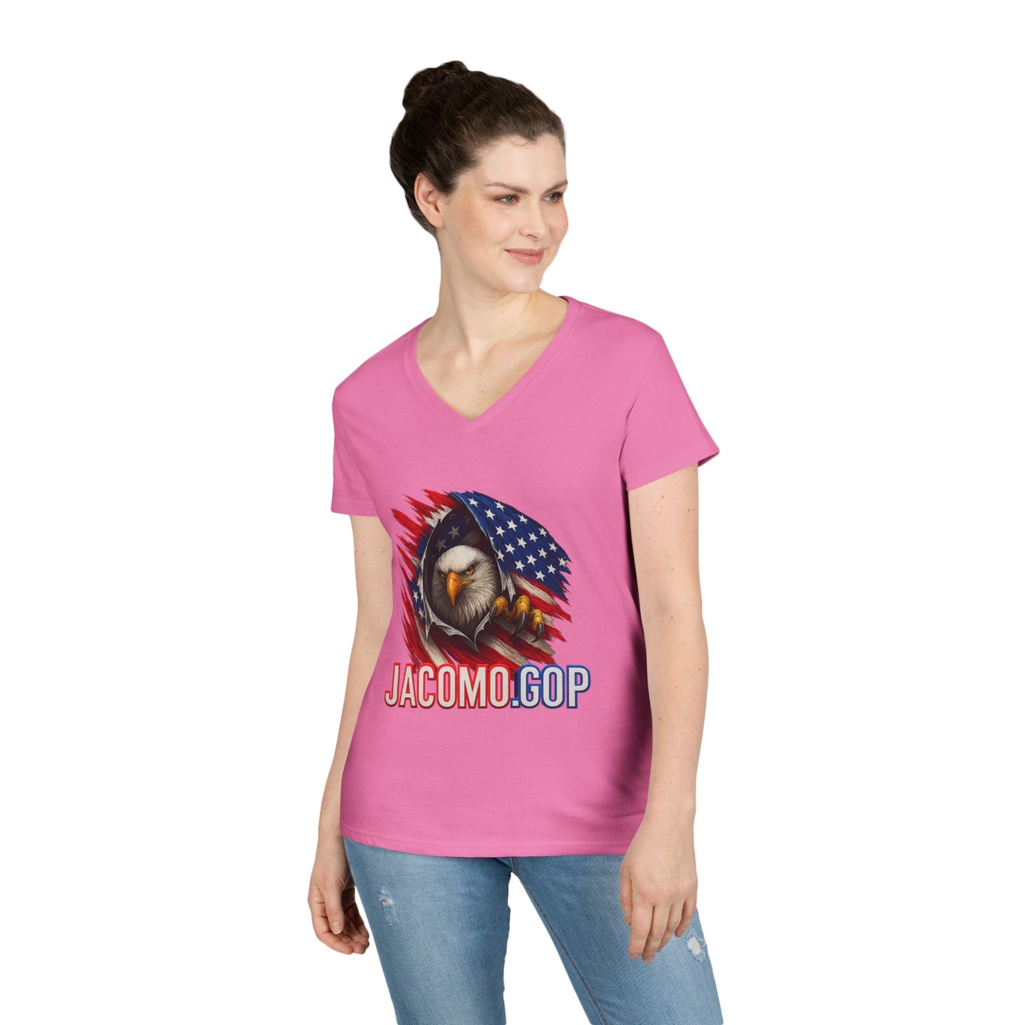 3D JACOMO GOP EAGLE Women's V-Neck T-Shirt for Supporters | Political Apparel, Election Gear, Gift for Activists, Red State Pride, 4th of July