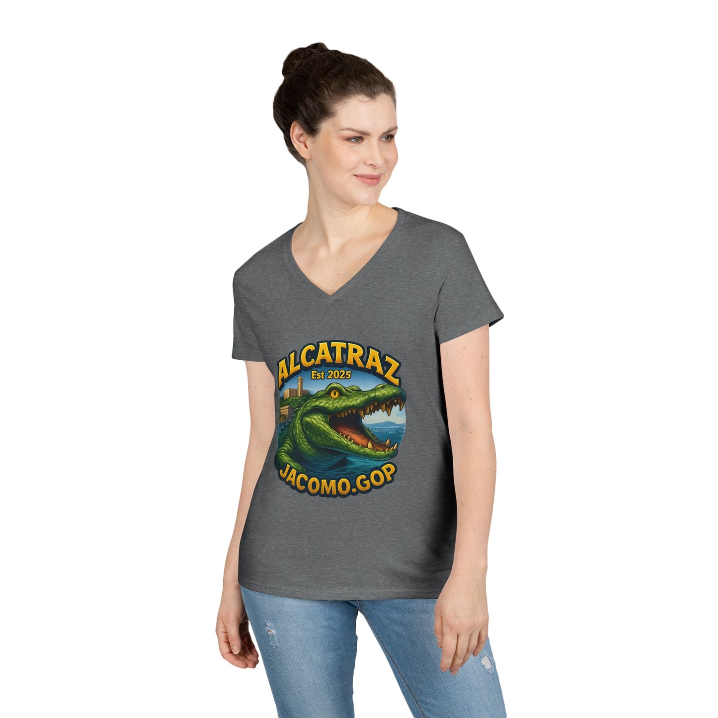 3D Women's Alligator Alcatraz 1 V-Neck T-Shirt for Supporters | Political Apparel, Election Gear, Gift for Activists, Red State Pride, 4th of July