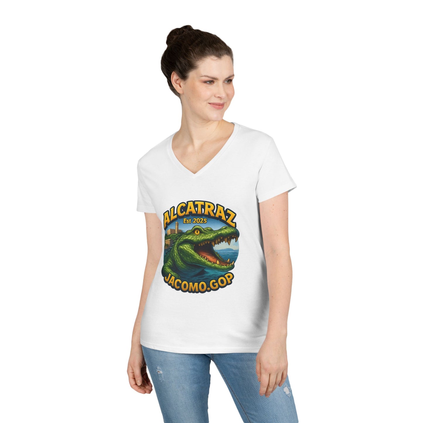 3D Women's Alligator Alcatraz 1 V-Neck T-Shirt for Supporters | Political Apparel, Election Gear, Gift for Activists, Red State Pride, 4th of July