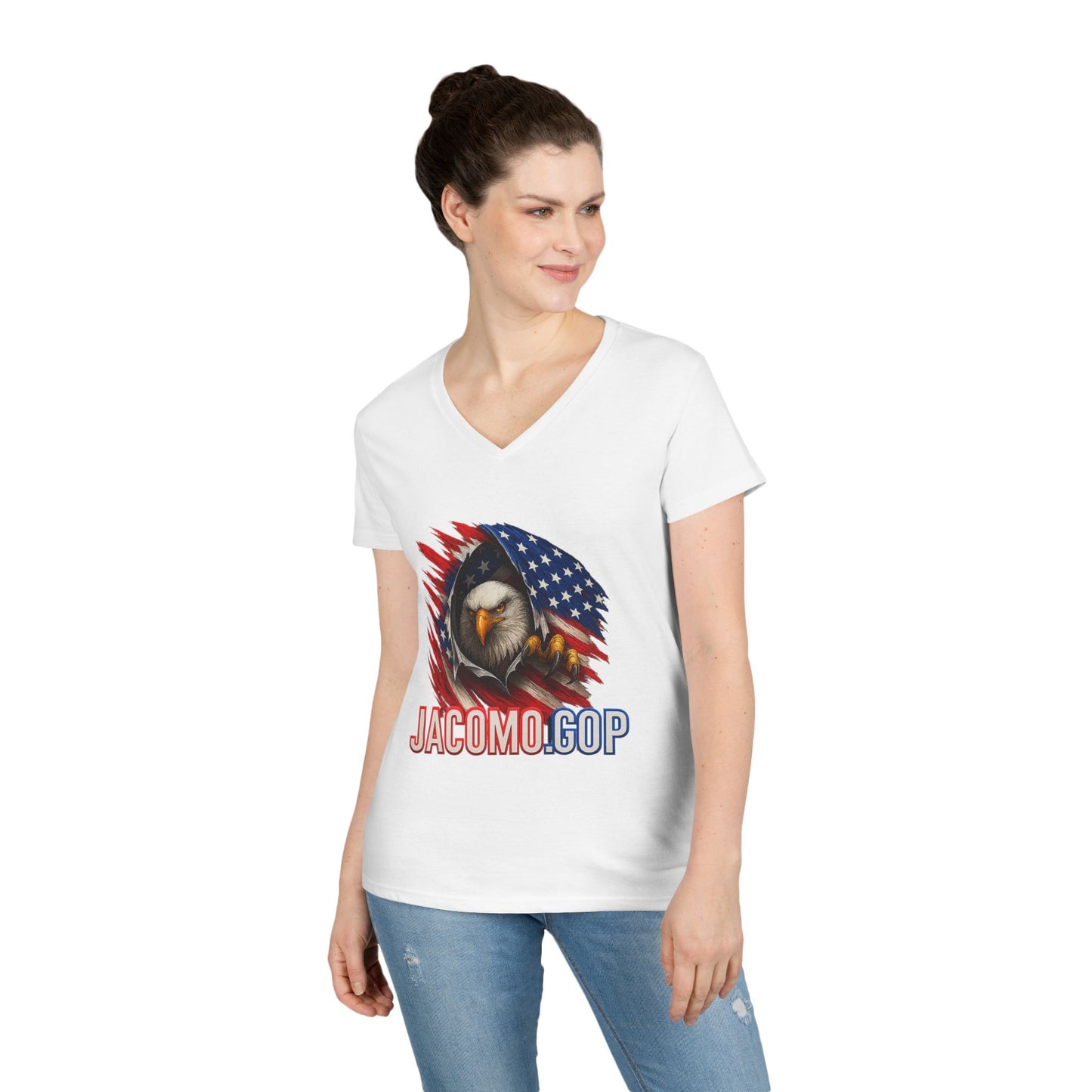 3D JACOMO GOP EAGLE Women's V-Neck T-Shirt for Supporters | Political Apparel, Election Gear, Gift for Activists, Red State Pride, 4th of July