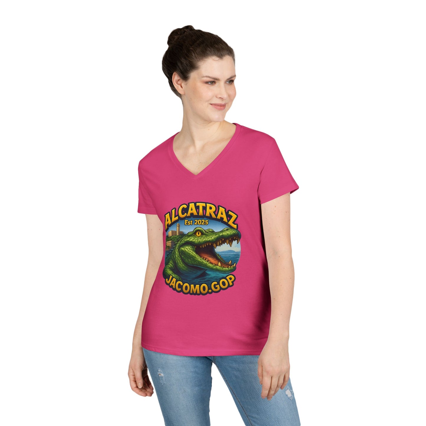 3D Women's Alligator Alcatraz 1 V-Neck T-Shirt for Supporters | Political Apparel, Election Gear, Gift for Activists, Red State Pride, 4th of July