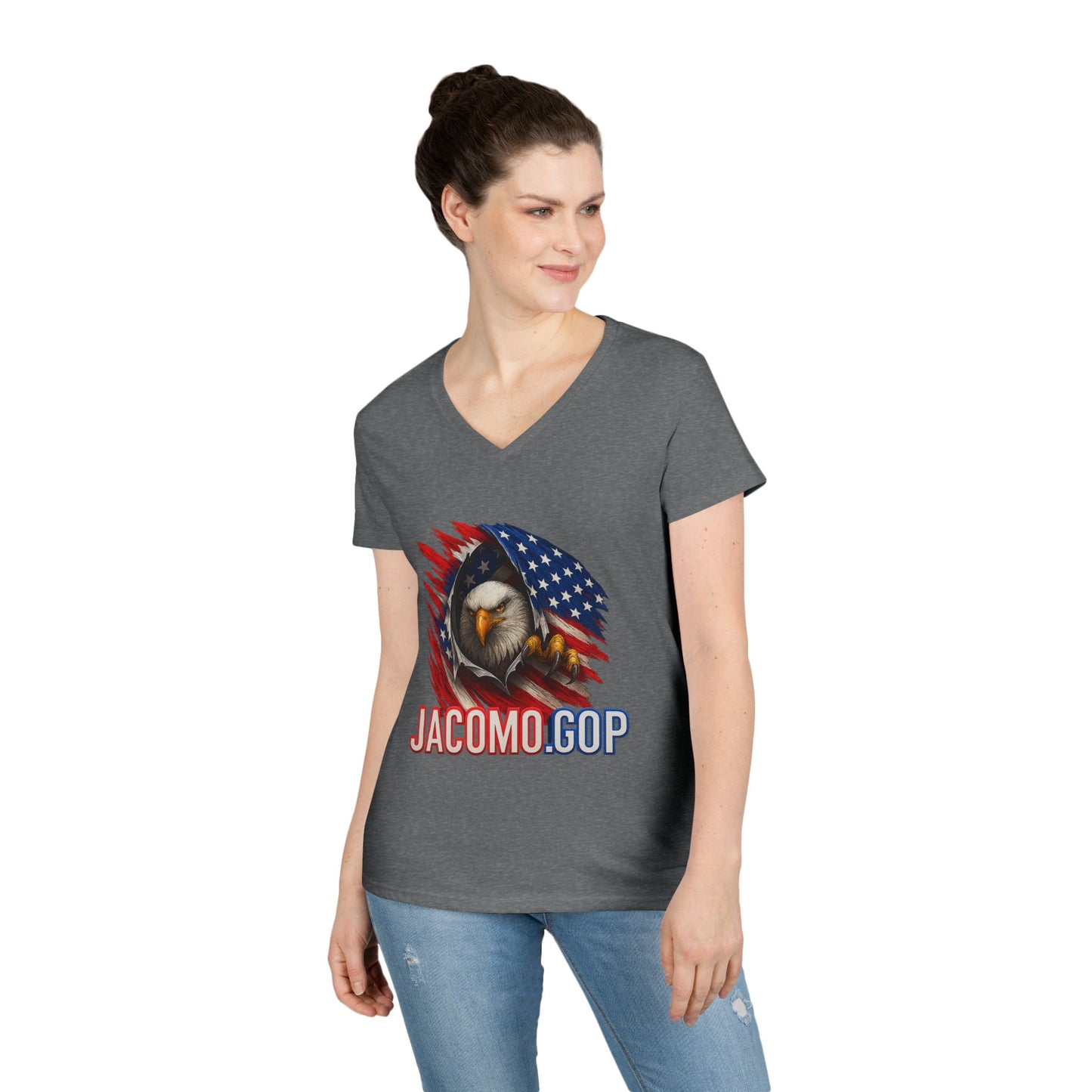3D JACOMO GOP EAGLE Women's V-Neck T-Shirt for Supporters | Political Apparel, Election Gear, Gift for Activists, Red State Pride, 4th of July