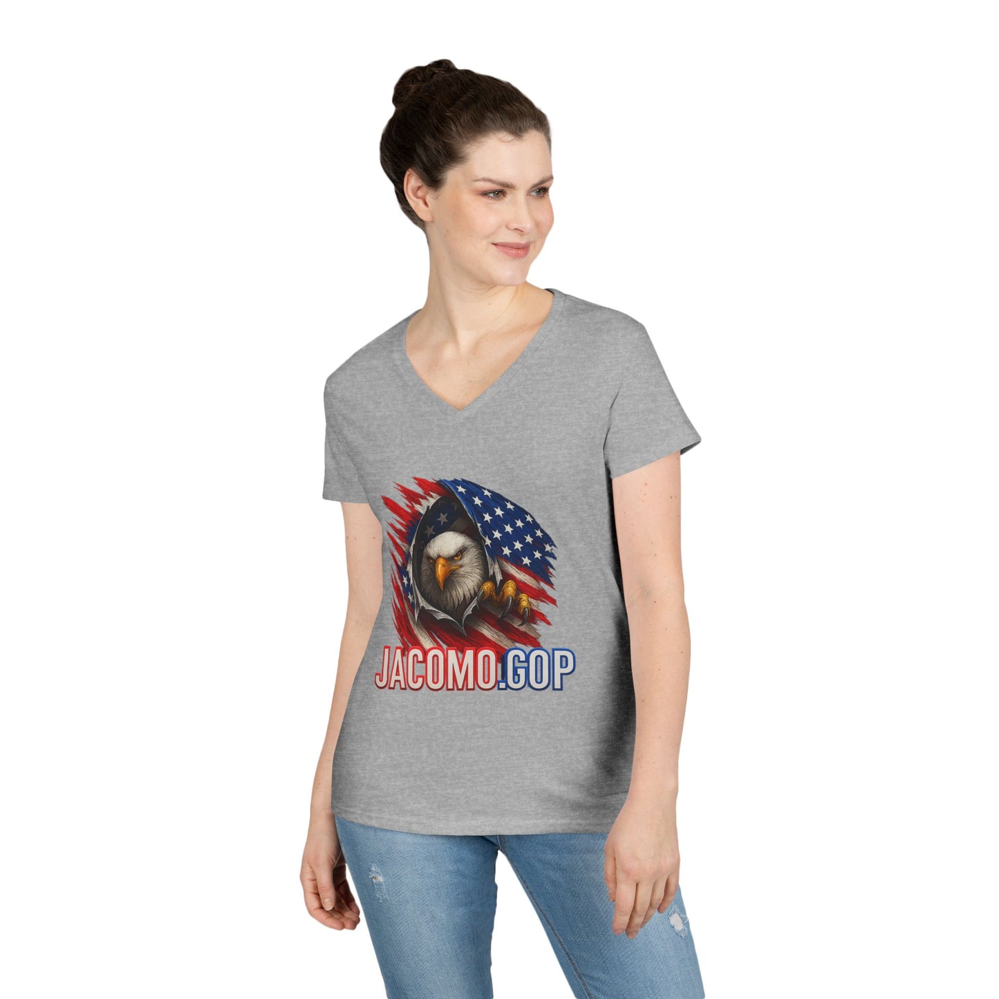 3D JACOMO GOP EAGLE Women's V-Neck T-Shirt for Supporters | Political Apparel, Election Gear, Gift for Activists, Red State Pride, 4th of July