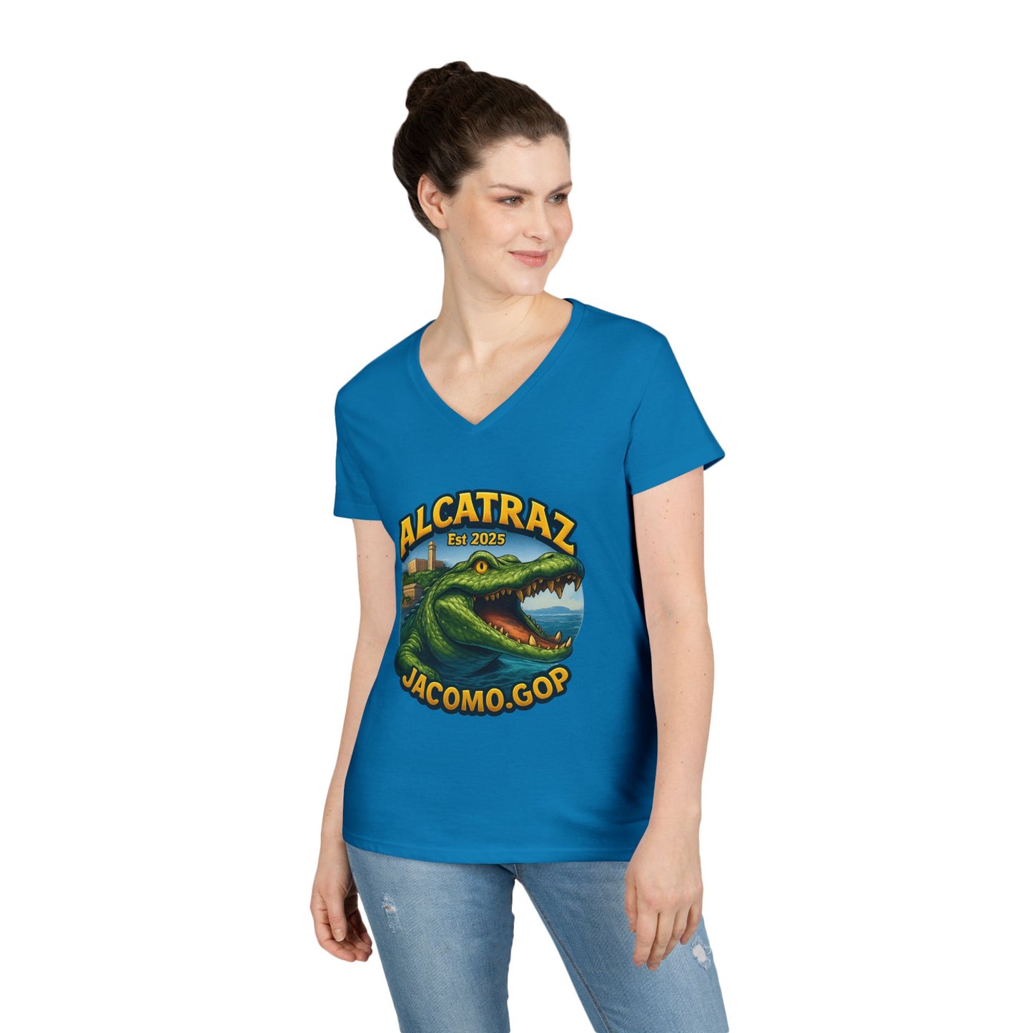 3D Women's Alligator Alcatraz 1 V-Neck T-Shirt for Supporters | Political Apparel, Election Gear, Gift for Activists, Red State Pride, 4th of July